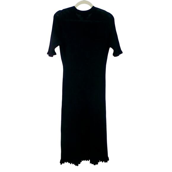 Club Monaco SZ L Mix Stitch Ribbed Crochet Ruffle Hem Midi Dress Black Knit - Picture 2 of 6